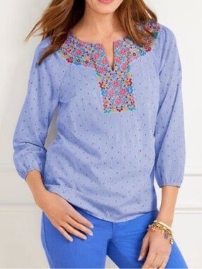 Talbots Embroidred Chambray Blouse Floral Polka Dot Bohemian Women's Lp